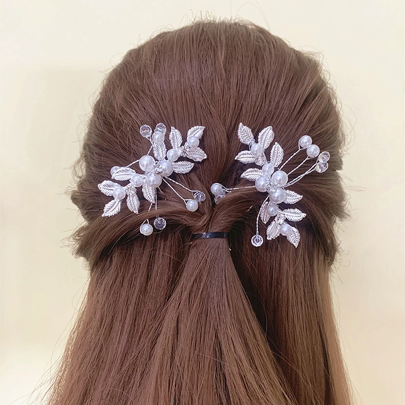 Retro Flower Leaf Hair Clips Pearl Crystal U-Shaped Hairpin Hanfu Accessories Wedding Performance Small Hairpin Bridal Headwear