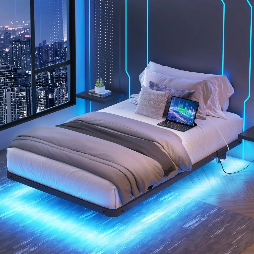 

Twin Size Floating Bed Frame with Charging Station, Modern Metal Platform Bed Frames with LED Light, Easy Assembly, Black