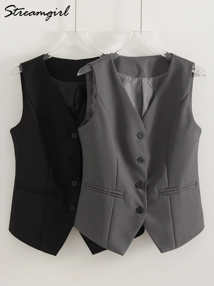 Streamgirl Sleeveless Blazers For Women Gray Vest Crop Outerwear V Neck Sleeveless Coat Vintage Ladies Black Vest Short Tank Top