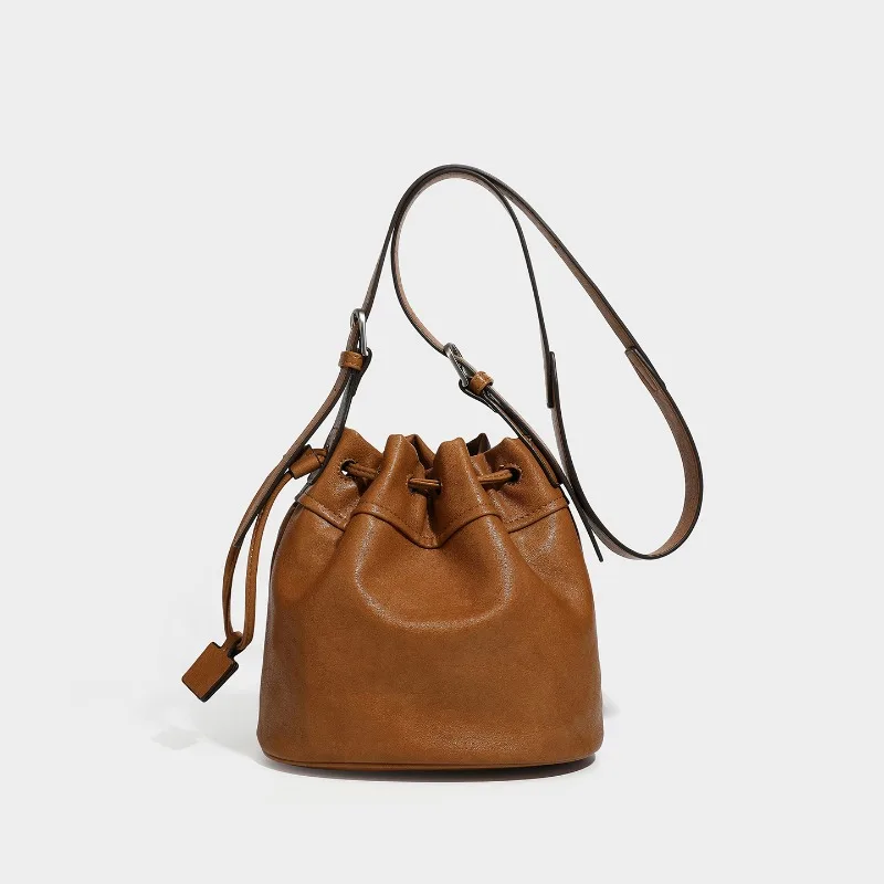 Women Vintage Drawstring Bucket Bag Soft Faux Leather Adjustable Shoulder Strap Casual Daily Crossbody Handbag