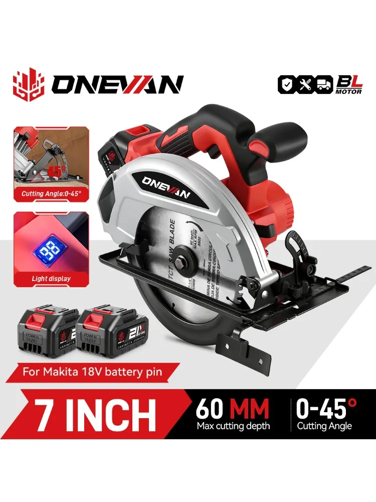 ONEVAN 7 Zoll 185 mm bürstenlose elektrische Kreissäge 11000 U/min LED kabelloser effizienter Holzbearbeitungsschneider für Makita 18 V Batteriestift