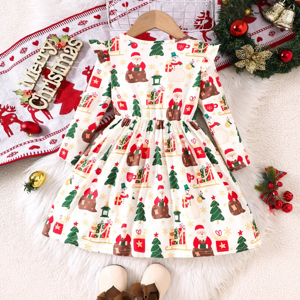 

Christmas Kid Girls Clothing Autumn Long Sleeve Colorful Cartoon Girl santa Dresses For Party Outdoor Cute Youth Girl Dress 2-7Y