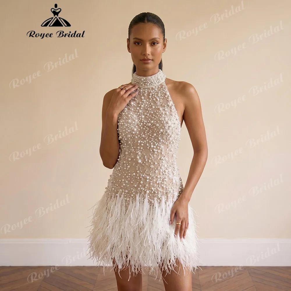2027 High Neck Pearl Beaded Mesh Mini Wedding Reception Dress Deep V Open Back Ostrich Feather Hem Short Bridal Gown Customized