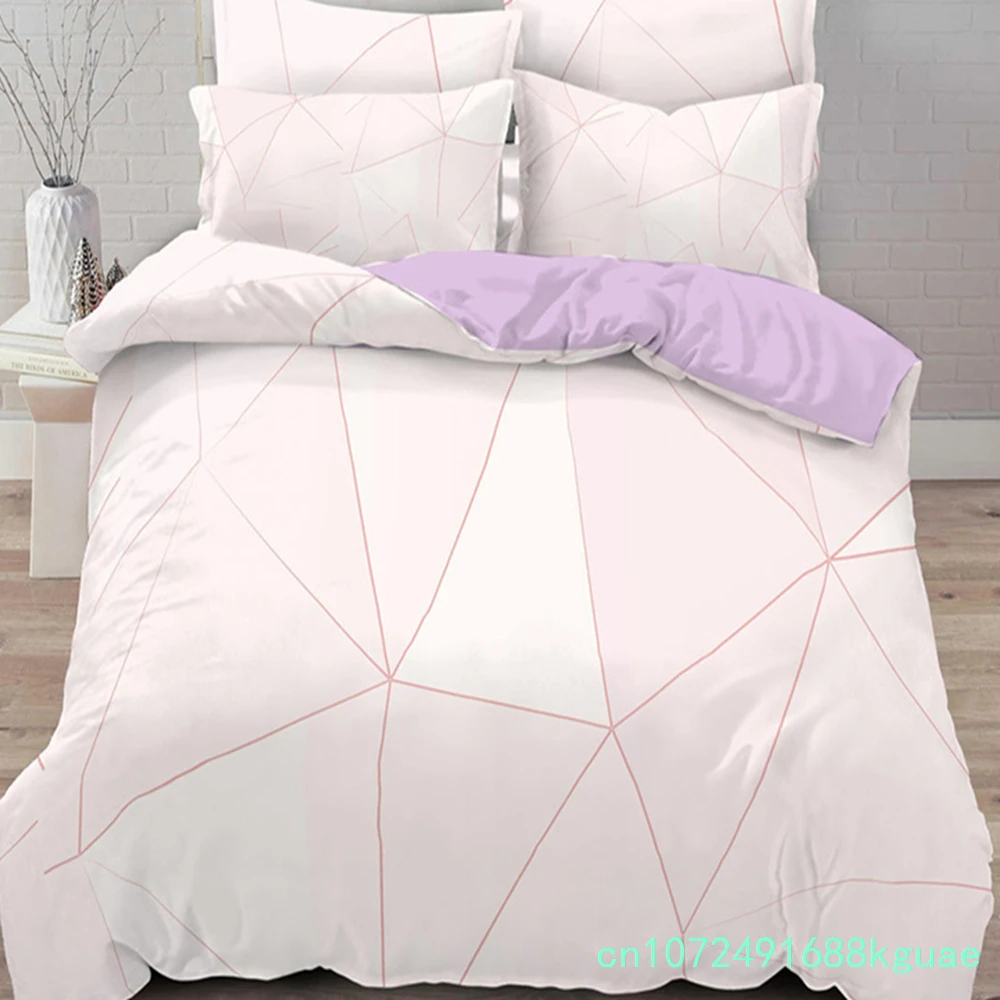 Modern Pink Geometric Bedding Set Soft Microfiber Black Marble Triangles Print Duvet Cover King With Pillowcases Bedroom Decor