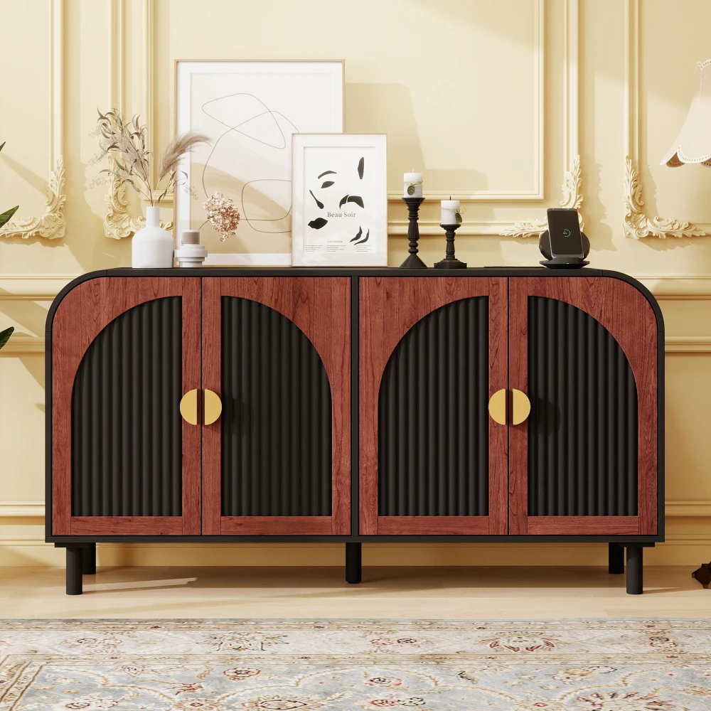 

Vintage Arched Sideboard: Gold Half-Moon Handle, MDF & Wood, 4-Door Buffet for Dining/Entryway