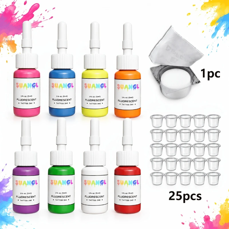 0.17oz 8‑Color Fluorescent Tattoo Ink Bottles Skin Friendly Non‑Toxic Odorless Durable Pigment Set for Body Art Tattoo Work
