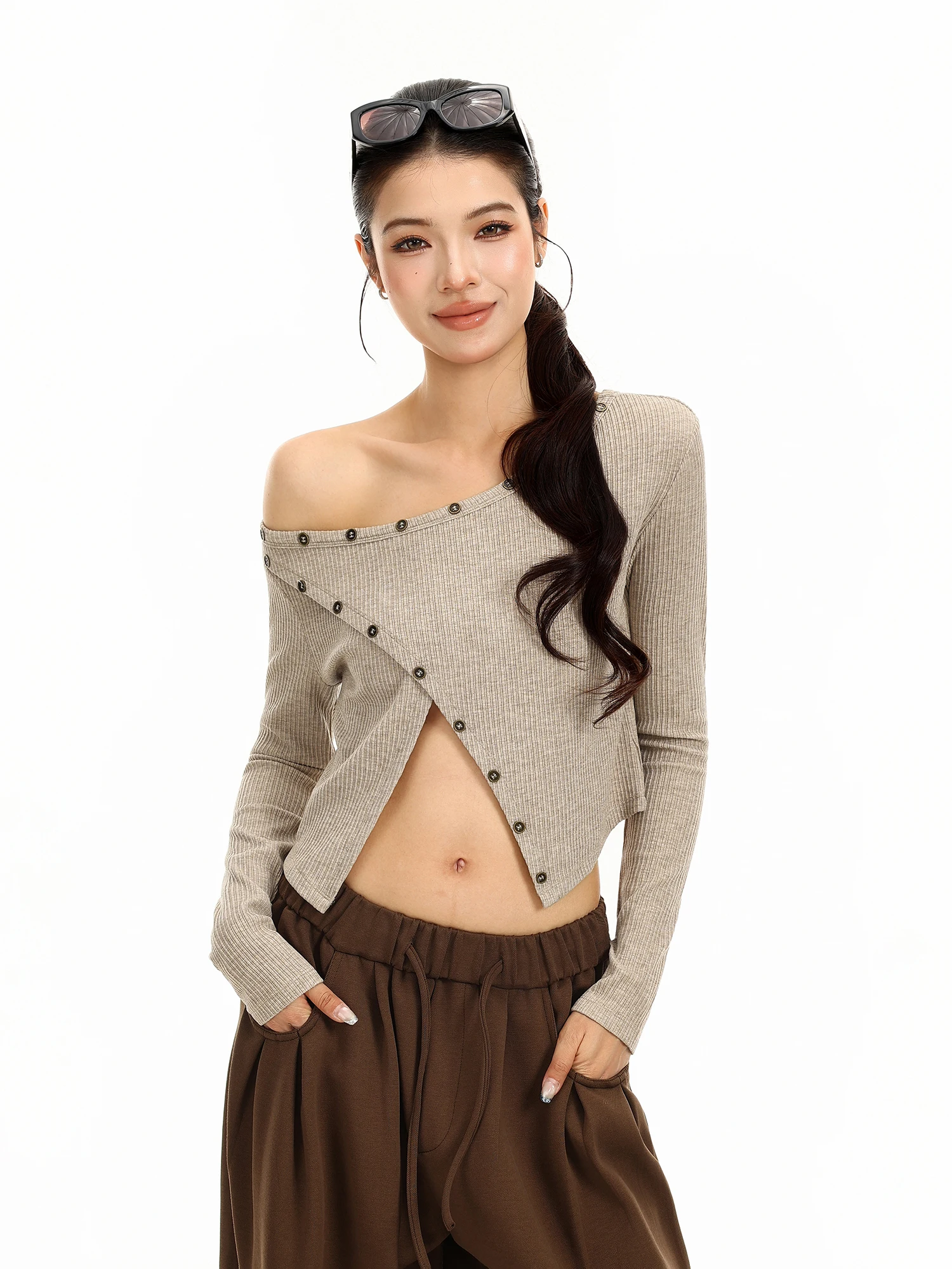 Sexy Short Crop Top Women's Long Sleeve T-Shirt Asymmetrical Design Slant Collar Baring Belly Fall Fashion Low Waist Ladies' Tee