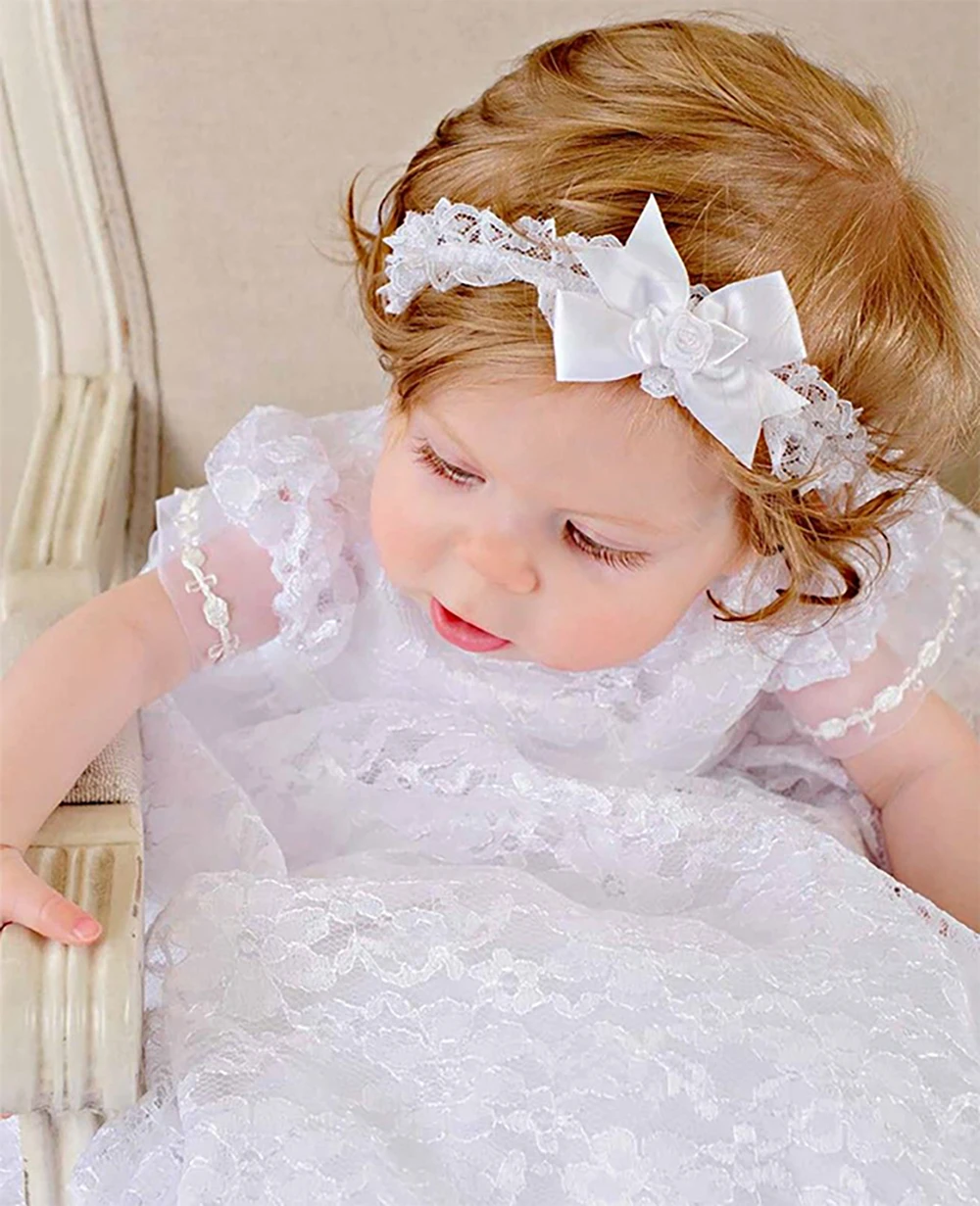 Elegant Newborn Baptism Gown Set Delicate Allover Lace Bow Cap Sleeve Ruffle Christening Skirt Custom Baby Formal Dresses