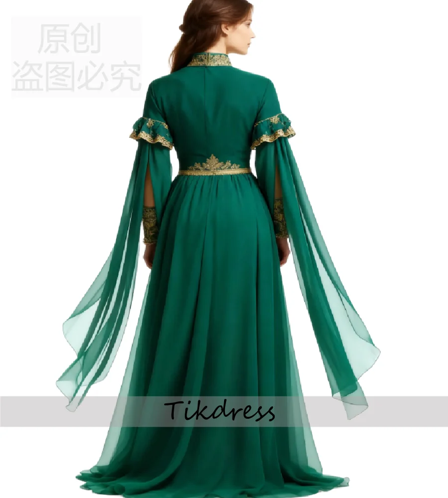 Gorgoeus Green With Gold Celtic Evening Dress 2026 Nordic Viking Prom Dress High Neck Long Sleeve Tudor Formal Gown Gypsy Party