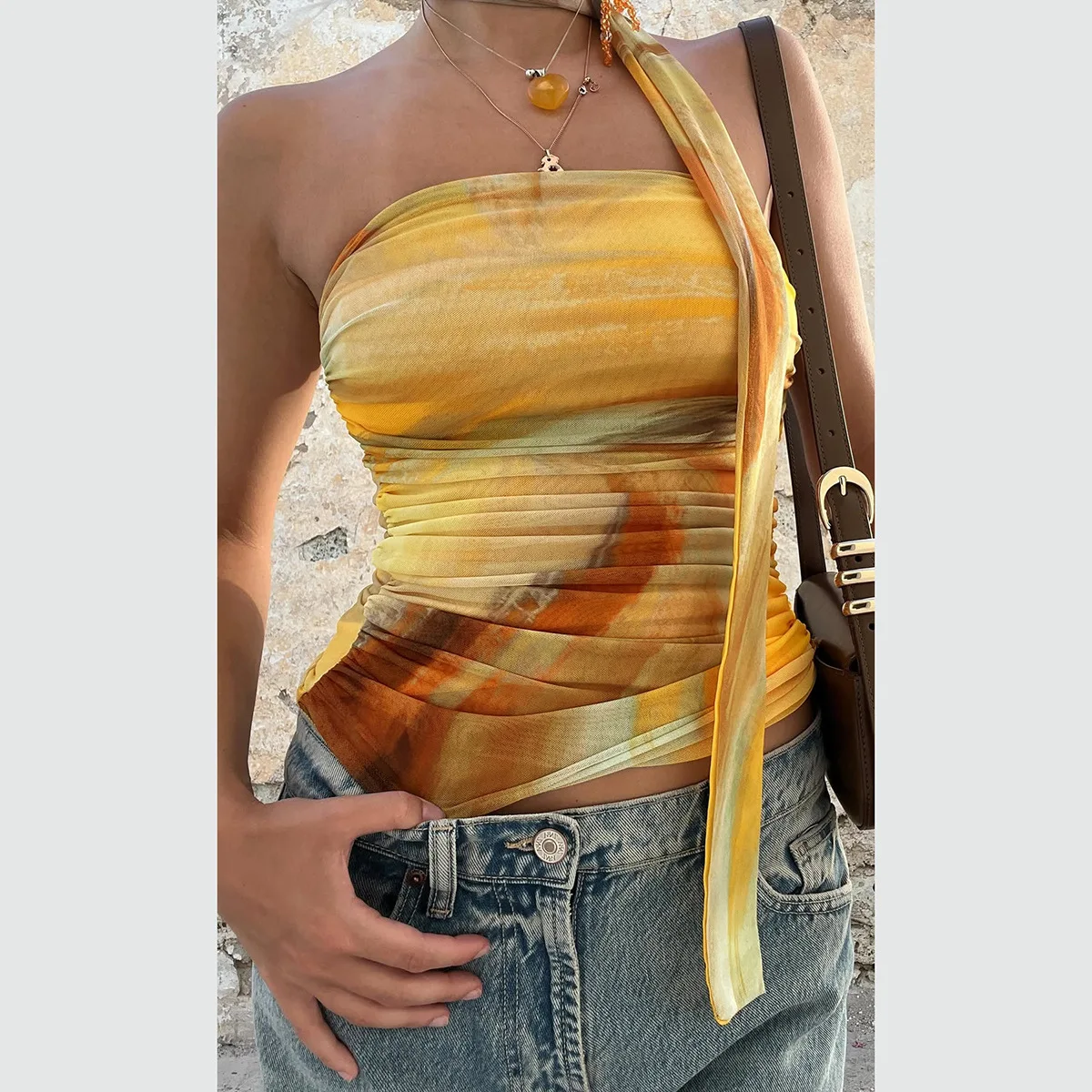 Milk Silk Chiffon Strapless Tube Top For Women Tie Neck Ruched Cropped Sheer Mesh Sexy Party Clubwear Cami Top Glamorous