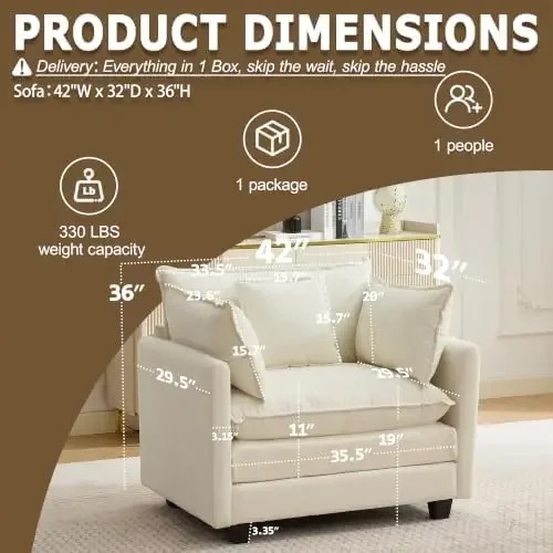 Modular Sectional Sofa Cloud Couch, Deep Seat Washable Chenille Fabric Sofa with Throw Pillows, Singel Seat Modern