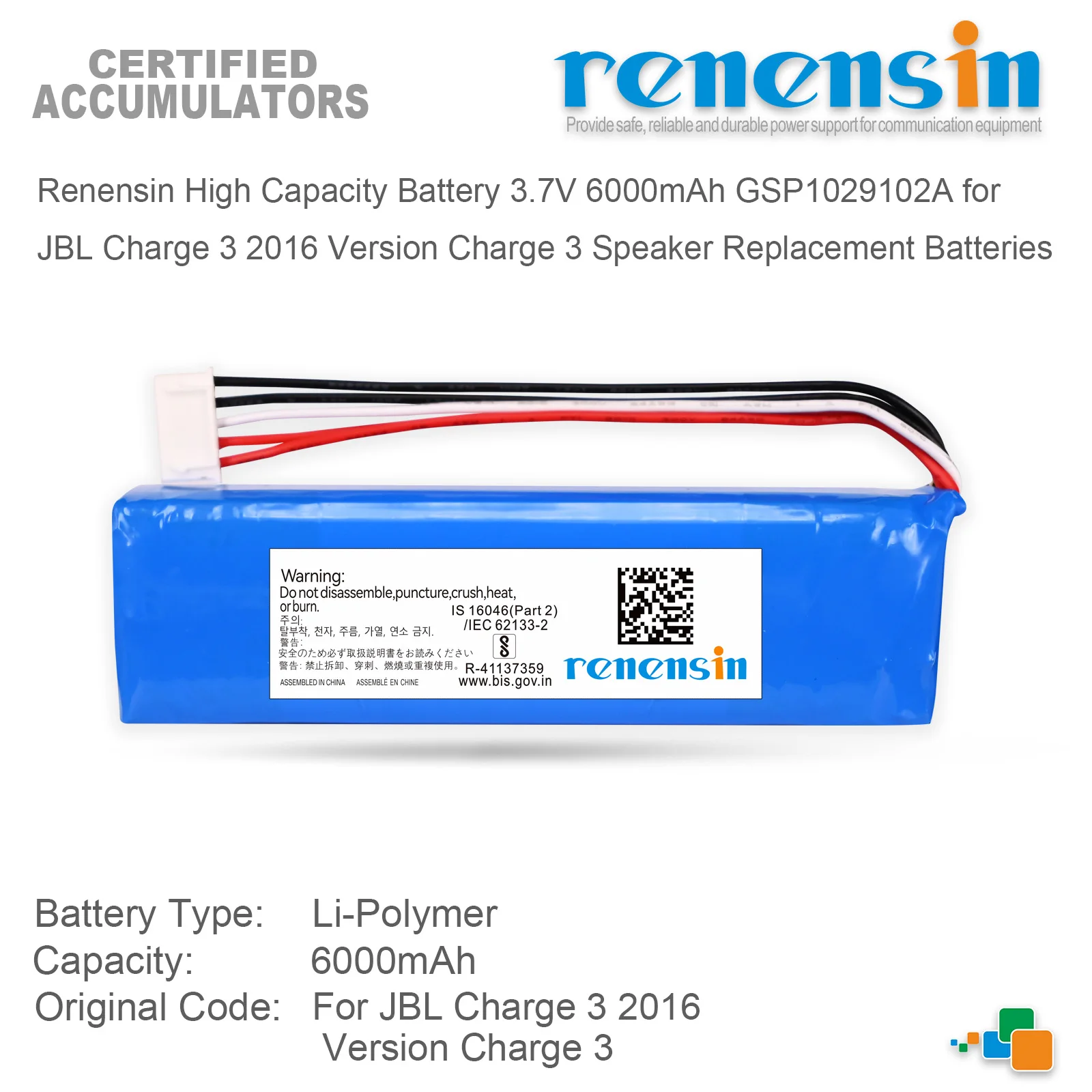 Renensin High Capacity Battery 3.7V 6000mAh GSP1029102A for  JBL Charge 3 2016 Version Charge 3 Speaker Replacement Batteries