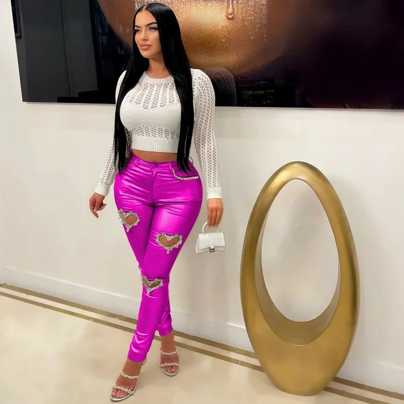 Hollow Out Diamonds Loveheart Metallic Gilding Pencil Pants Women Fashion Button Fly Booty Lifting Slim Reflective Trousers