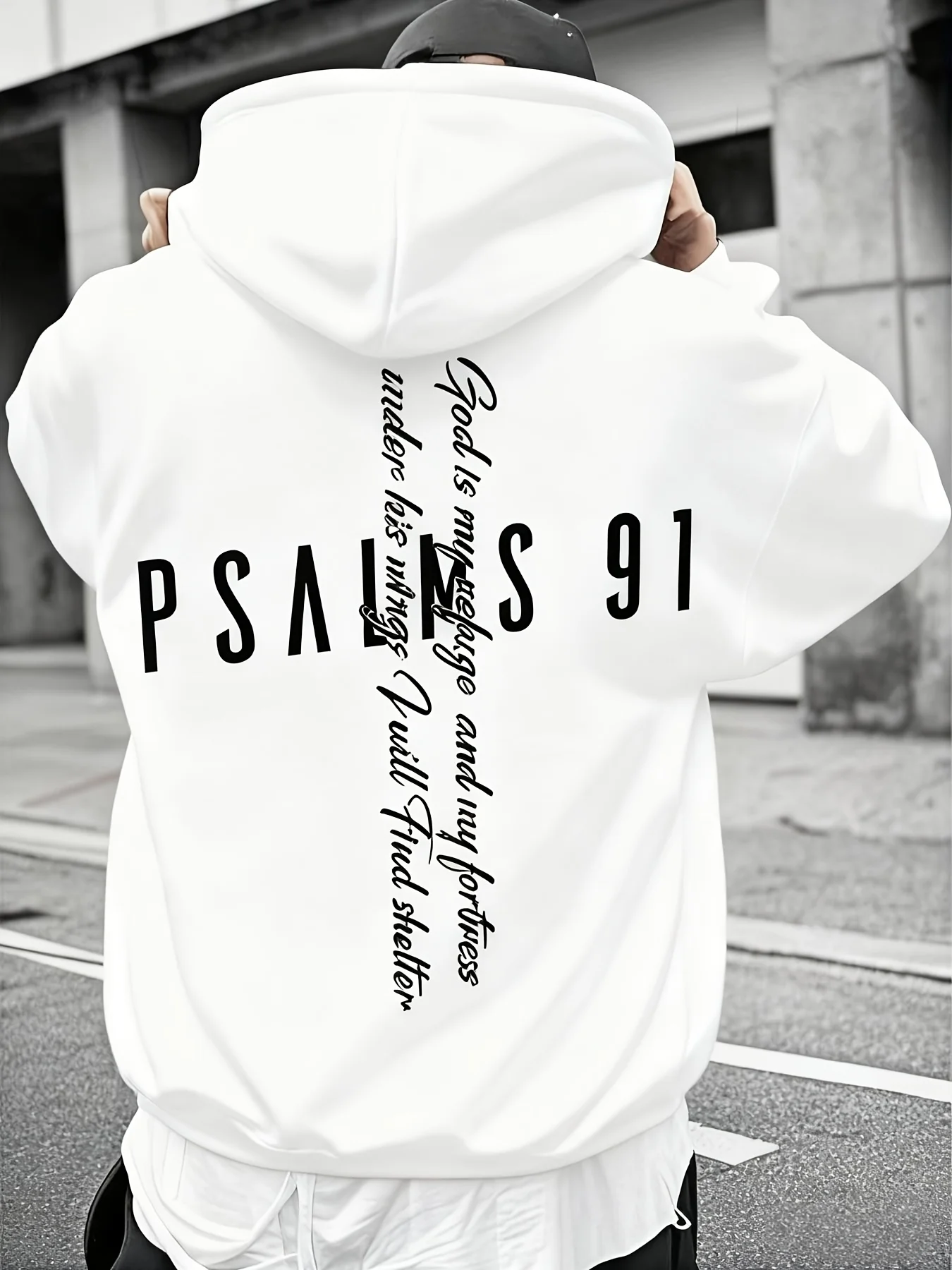 Men Psalms 91 Hoodie Christian Bible Verse Cross Text Back Print Religious Faith Streetwear Sweatshirt
