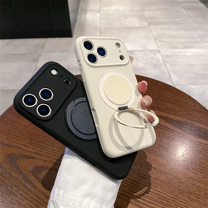 Custodia magnetica per telefono con supporto ad anello in colori solidi in silicone liquido di lusso per iPhone 17 Air 16 15 14 13 12 Pro Max Cover antiurto
