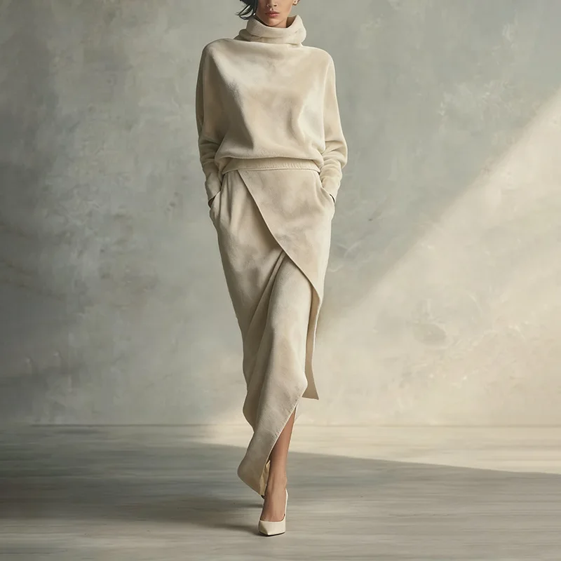 25 Fall/winter New Women's Suede Loose Random Solid Color Bat Sleeve Irregular Skirt Set Dresses For Women Vestidos Elegant
