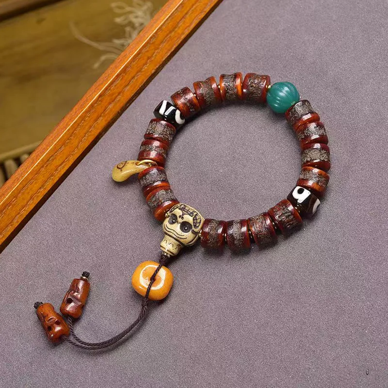 

Tibetan-Style Reclaimed AntiqueYak Bone Barrel BeadBracelet Single-StrandCultural Artifact Cinnabar Malachite Agate Prayer Beads