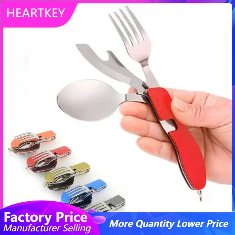 

Tablespoon Set 4 in 1 Outdoor Camping Utensils Cutlery Foldable Spoon Knife Fork Bottle Opener Stainless Steel Tableware Parts