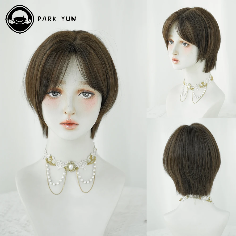 PARK YUN Short Straight Hair Women Wig With Brown Cospaly Daily Party Synthetic Wigs Heat Resistant Fiber Natural Fake Hair