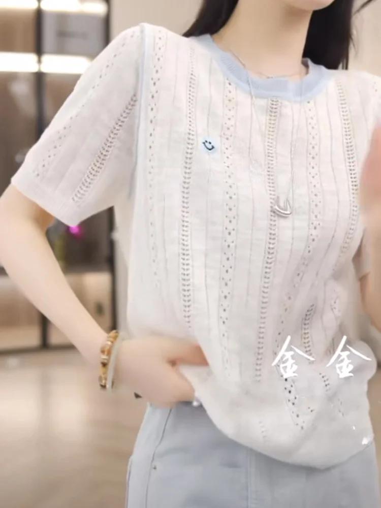 

Ice Silk Knitted ort Sve round Ne Hollow out Faion Top Summer Leisure Sle Color Blo Design Women's Knitwear
