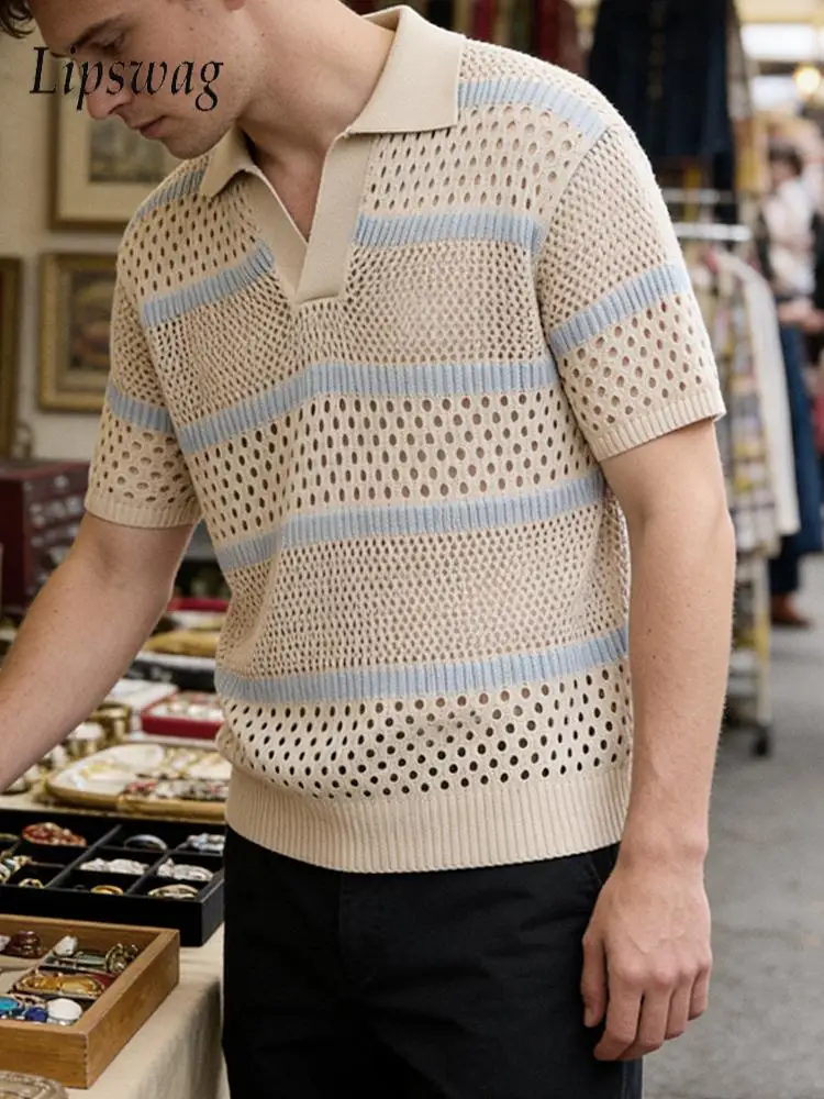 Seaside Beach Mens Knitting Polo Shirt Stylish Striped Crochet Hollow Out Tops For Men Summer New Casual Breathable Polo Shirts