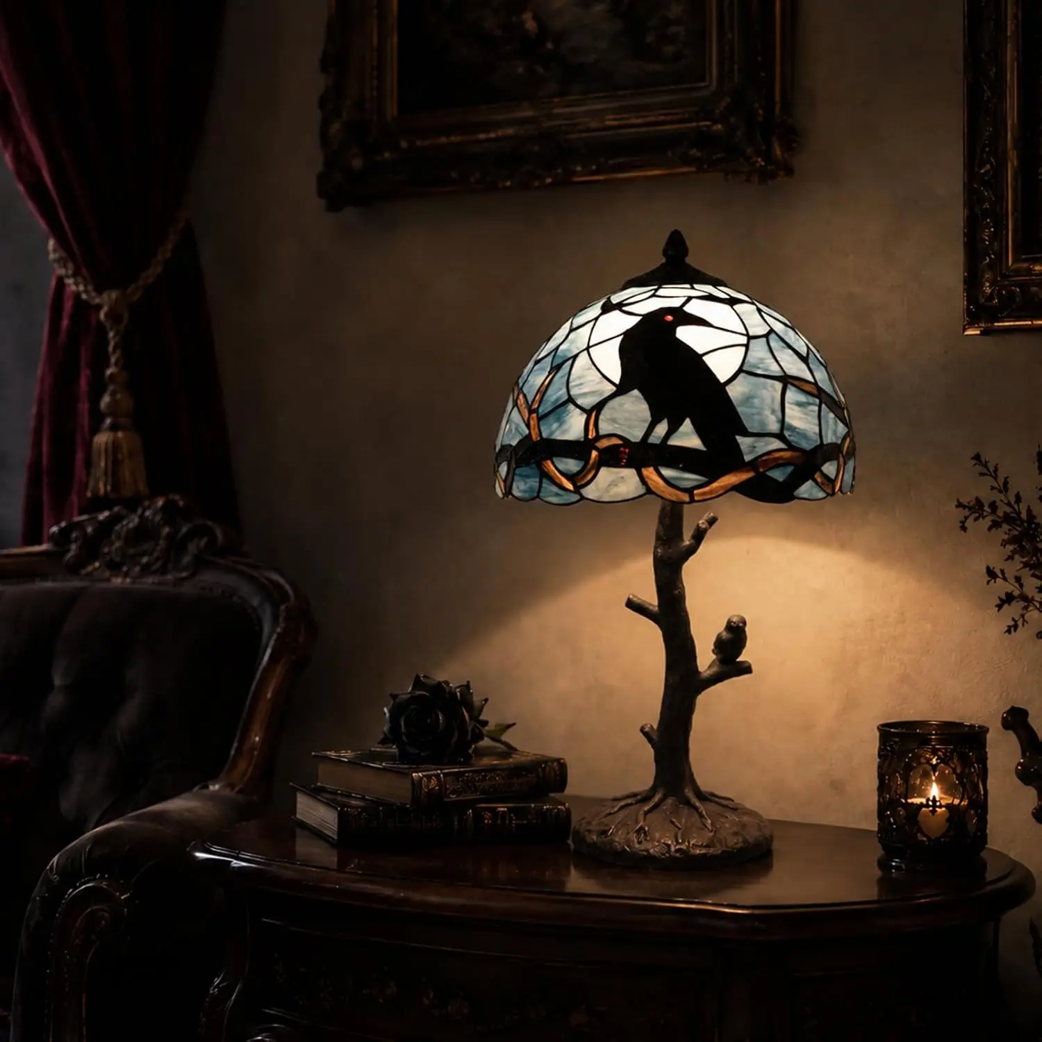 Raven Perched Leafless Limb Full Moon Evening Tiffany Stained Glass Desk Lamp Dark Blue 12W 20H