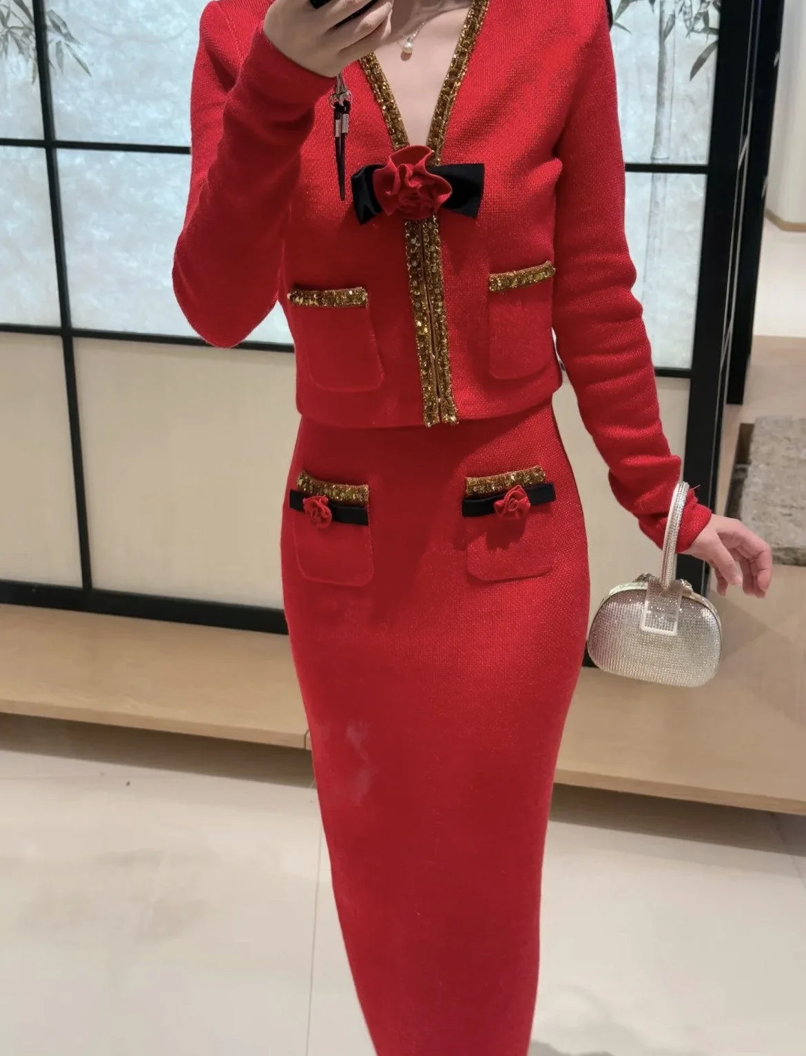 New Year's Set Red Gold Diamond Edge Rose Knitted Cardigan Coat Top+Half Skirt Women SP2025 Early Spring Sets Womens 2 Piece