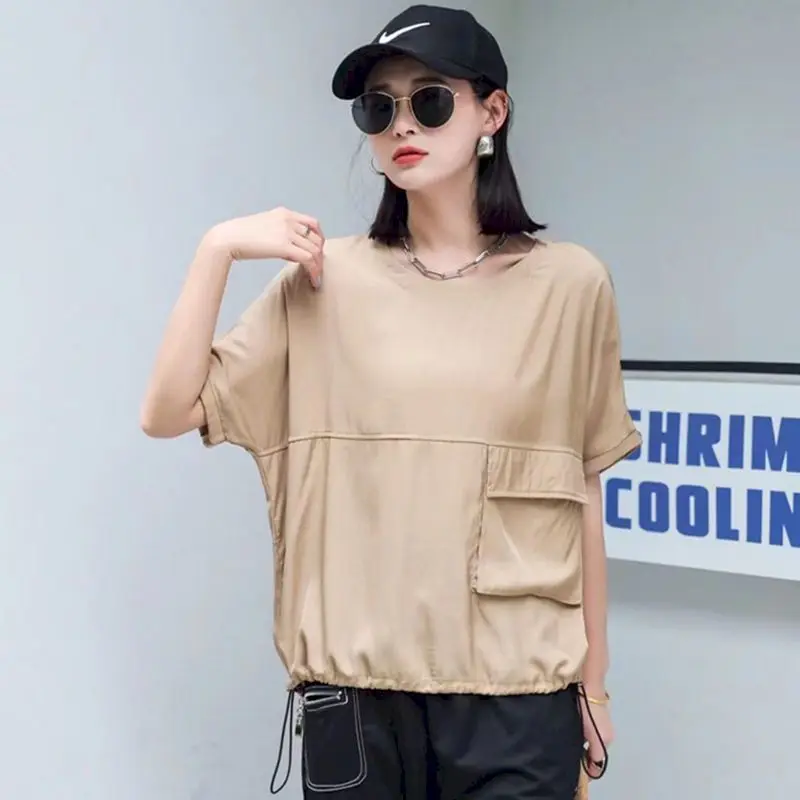 Fashion Drawstring T Shirts Women Loose Drape Design O-neck T-shirt Casual Pocket Short Sleeve Oversized Top Summer Trend Tshirt