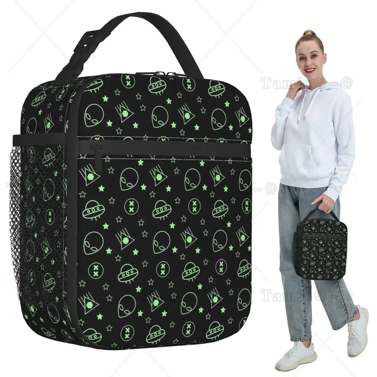Green Alien Spaceship Pattern Insulated Lunch Bag for Kids School Cooler Thermal Food Box Tote Portable Lunch Boxes Container