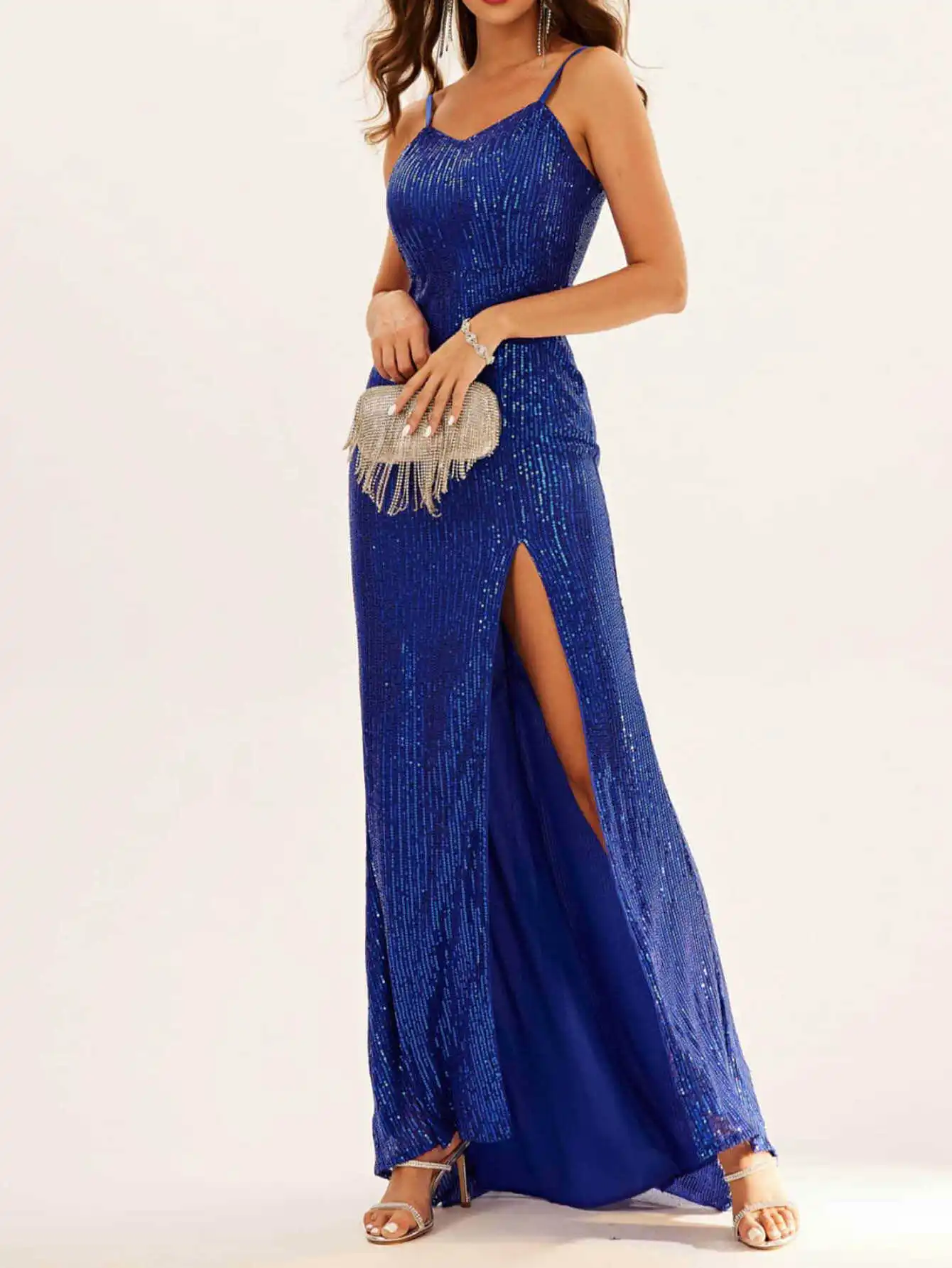

Ele Sequin Split Evening Dr Women's Sexy Mid-Waist Gown with Strap for Par Ball Celebration No Sve Formal Wear