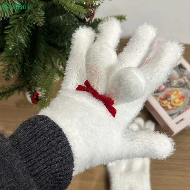 1 pair  Cute Plush Cold Proof Rabbit ear five-finger gloves