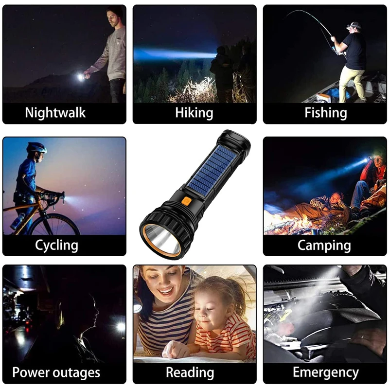 1-2Set USB/Solar Rechargeable Led Flashlight Portable Tactical Flashlamp Lanterna 1500 mAh Long-range Torch For Camping Lighting