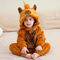 MICHLEY Halloween Capybara Baby Rompers Winter Hooded Flannel Toddler Infant Clothes Overall Bodysuits Jumpsuit Costume For Kids