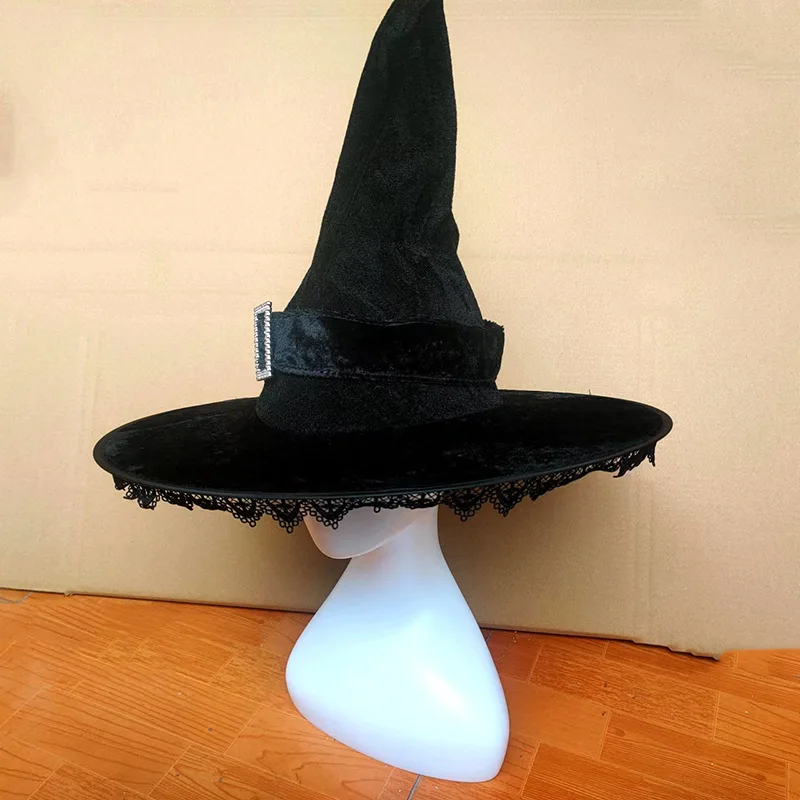 Chapéu de bruxa preto vintage com bordas grandes, touca para adultos e crianças, fantasia bruxa cosa, chapéu de festa Halloween