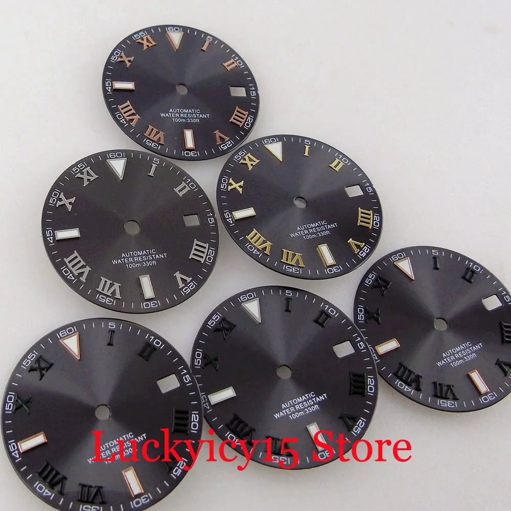 Watch Parts Sterile 29MM Roman Numerals Raised Marks Mercedes Grey Sunburst Dial Date Window Fit NH35A NH36A SKX SRP