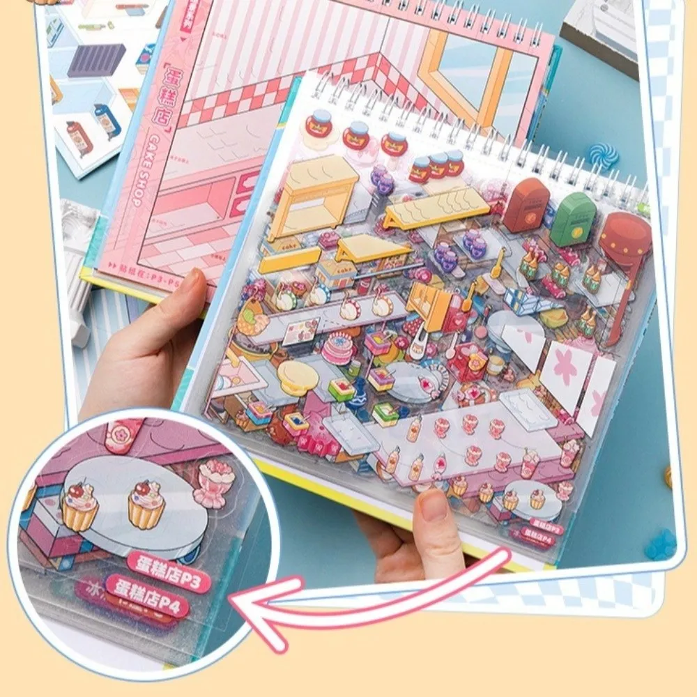 New Shop Scene Scenery Stickers PET 10 Scenes Miniature Scene Sticker Book Swimwear Bakery Post Office Sticker Book Kids Gift