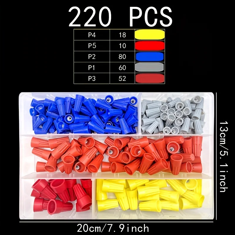 40-220Pcs Boxed Quick Connector Kit, Twist-Speed Spring Cover Terminals, Electrical Equipment Connectors, Stainless Steel Spring + Pvc Flame-Retardant Casing, Wire Connector Terminals, Awg 24-7, Home Improvement Equipment Maintenance Parts