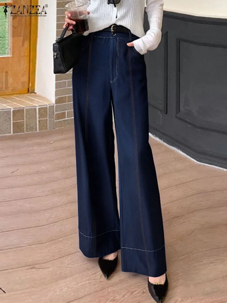 

ZANZEA Elegant Office Work Denim-Look Wide Leg Pants Woman Fashion Contrast-Stitch High Waist Trousers Loose Commute Pantalon
