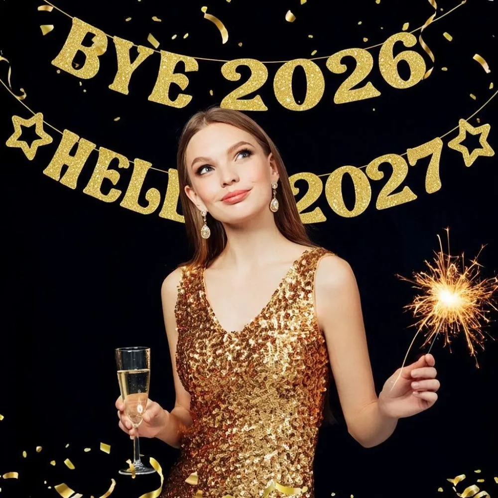 Glitter BYE 2026 HELLO 2027 Banner Golden DIY New Year Party Hanging Flag Festival Paper Party Decoration Banner Indoor