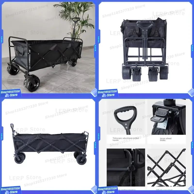 High Quality Camping Outdoor Shopping Foldable 4-Wheel Trolley 100kg Load-Bearing Storage Tools OEM Customizable Black Cart