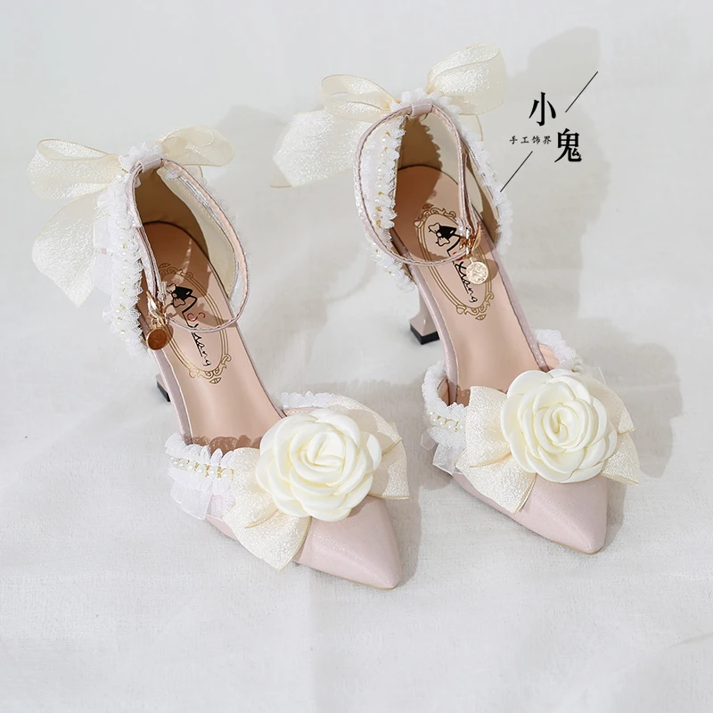 Lolita Elegant Camellia Lo Shoes Flower Wedding High Heels Sweet Sandals Bowtie Lace Lolita Girls Tea Party Single Shoes