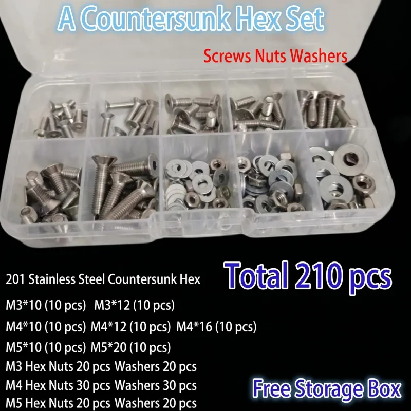 M3 M4 M5 M6 201 Stainless Steel Allen Key Flat Countersunk Head Screw Kit Nut Washer Set Kit Box