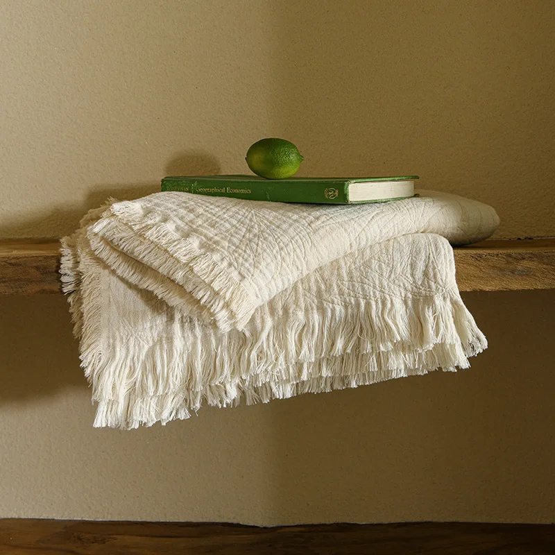 1 Pc Pure Cotton Gauze Blanket Muslin Jacquard Weave Tassel  Bed Throw Decorate Sofa Bed Cover Air Nap use