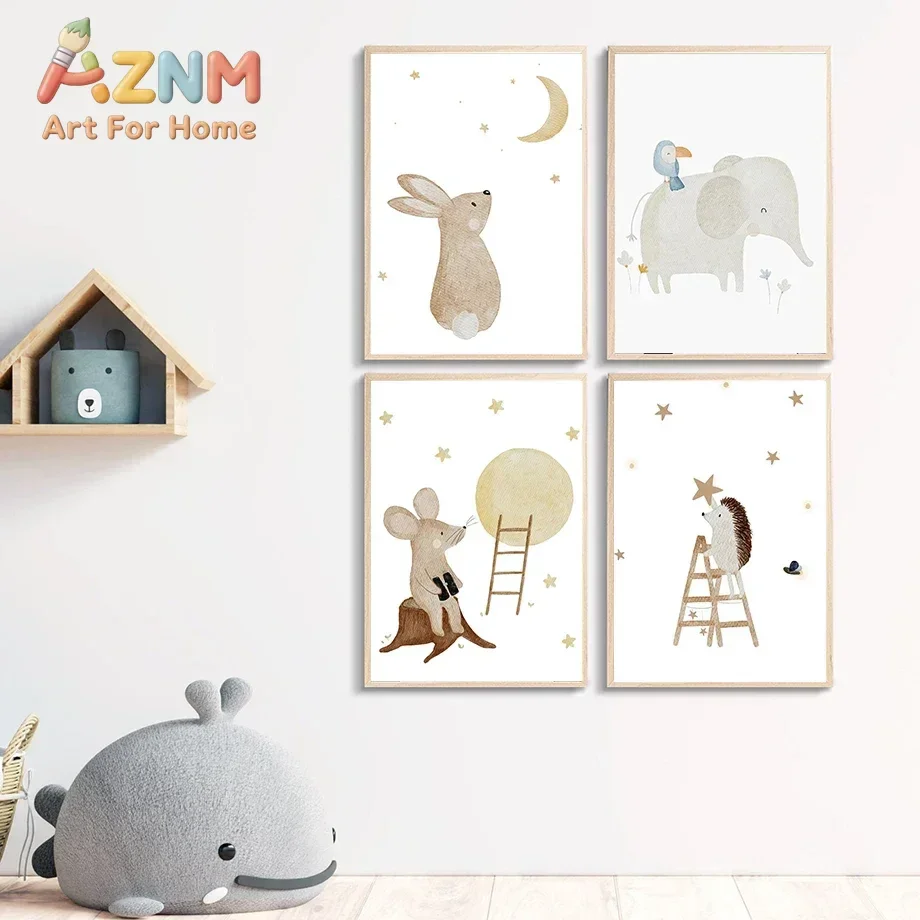 Multi-size 1PC frameless high-definition decorative paintings,Boho Animals Poster Nursery Alphabet Prints Rabbit Bear Mouse Monk