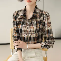 Korean Version Simplicity Commute High-end Temperament Leisure Neat Versatile Houndstooth Letter Shirt Women's Top Autumn 2024