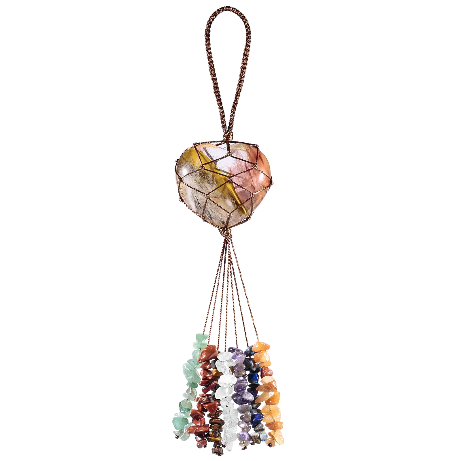 

Volcano Cherry Quartz Heart Shape Hanging Ornament With 7 Chakra Tumbled Gemstones Crystal Tassels For Car & Home Decoration