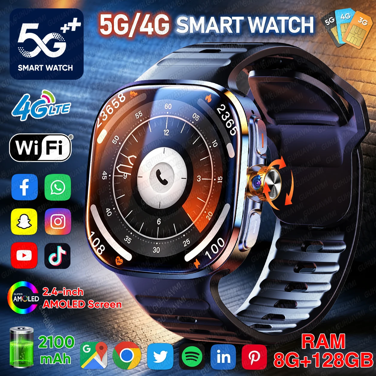 5G/4G Full Network Smart Watch 8GB+128GB RAM 2.4-inch 720*720 AMOLED Screen Video Call 2100 mAh Google Play WIFI GPS Smartwatch