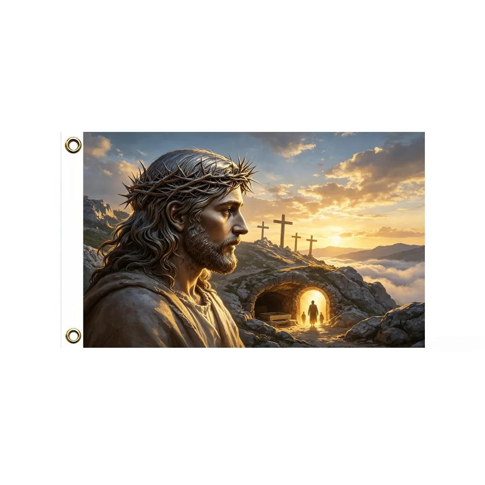 Jesus Christ Crown Of Thorns Crosses Flag 2x3ft 3x5ft Empty Tomb Sunrise Polyester Banner Christian Outdoor Garden Decor