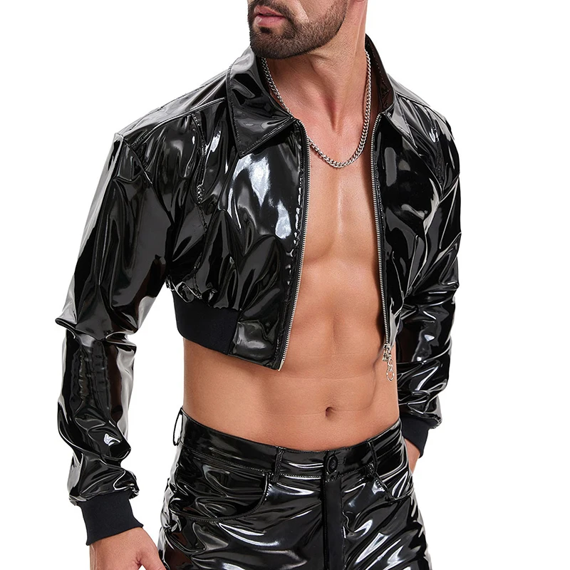 Nightclub Mens Sexy PU Leather Jacket 2026 Autumn Outdoor Fashion Long Sleeve Slim Cardigan Men Trendy Zip-up Lapel Crop Jackets