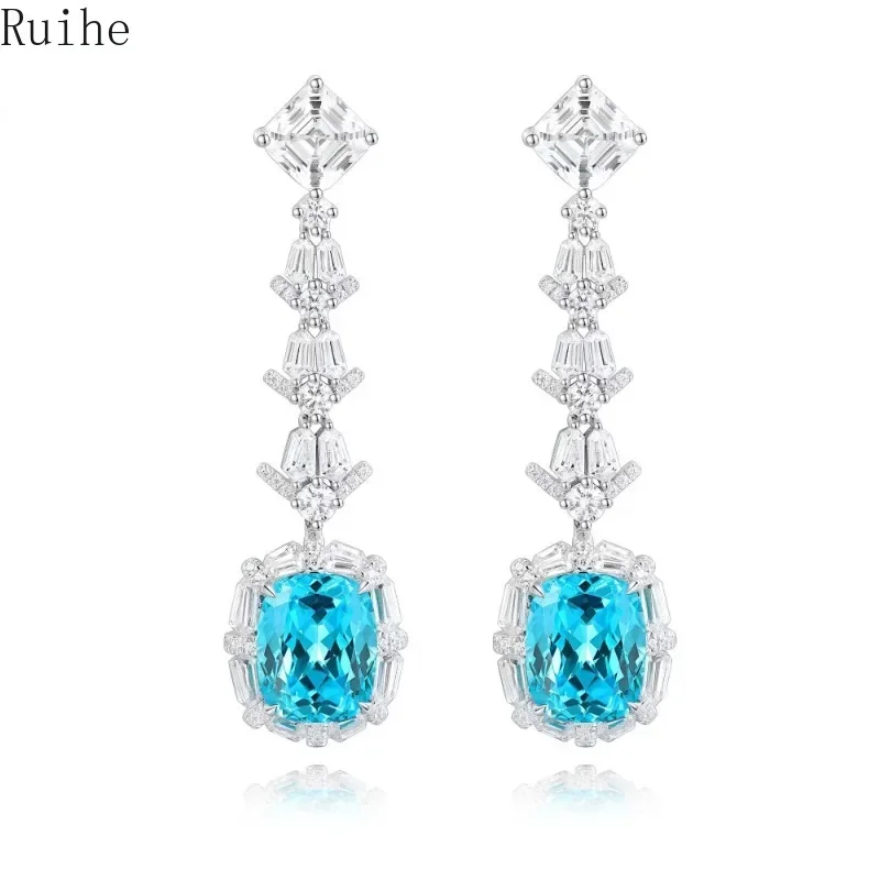 

Ruihe New Luxury Fashion 925 Silver 10.85ct Lab Grown Paraiba Sapphire Gemstones Earrings Jewelry for Women Party Gifts